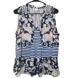 CAbi #5349 Ruffle Peplum Stripe ruffle Sleeveless Blouse Blue Orange Paisley Med